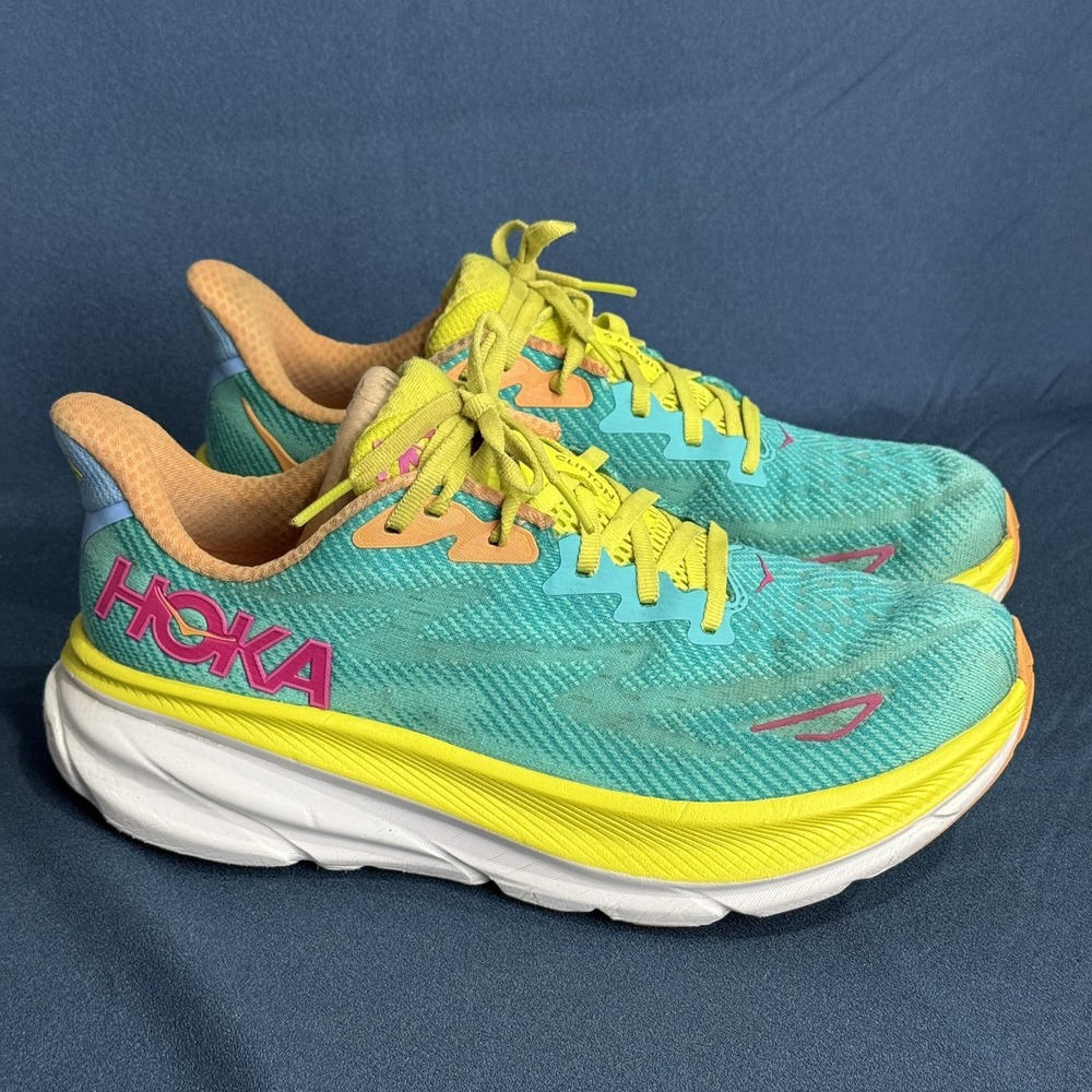 Hoka One One Clifton 9 Womens Size 9 Green Yellow Running Shoes Sneakers